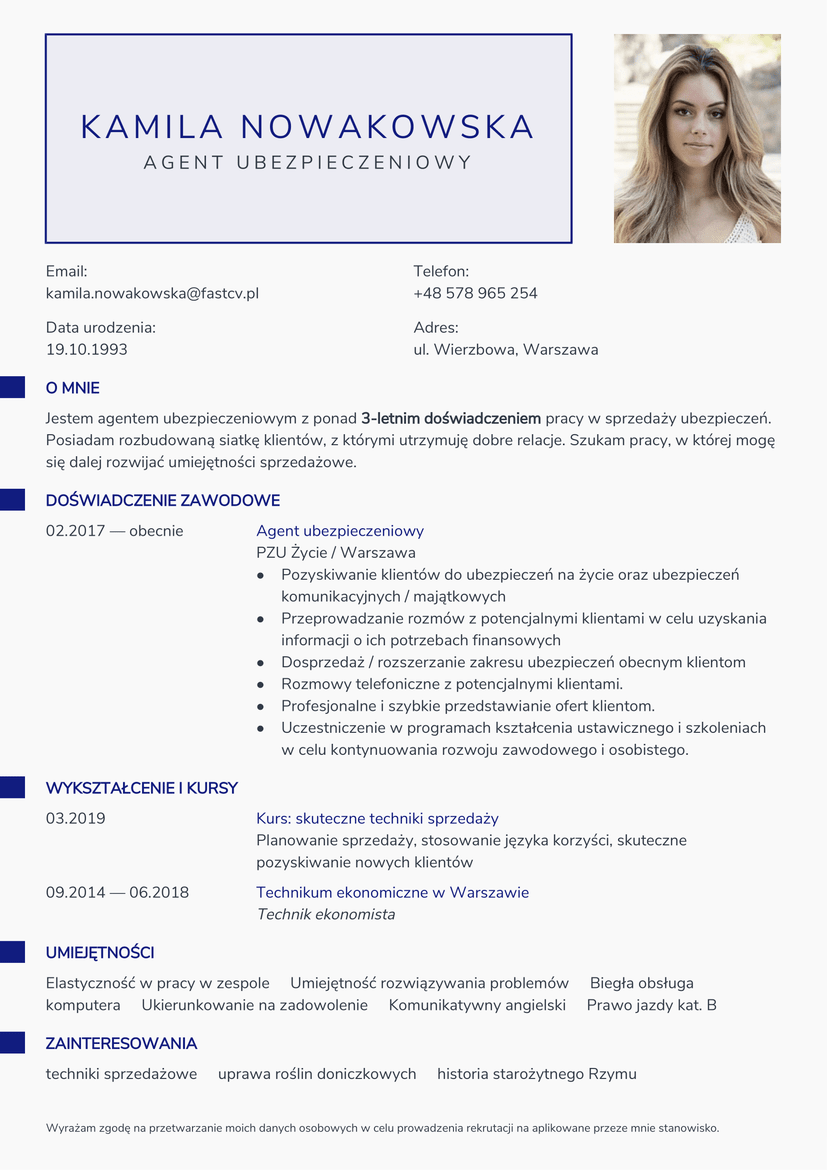 Wzór CV agenta ubezpieczeniowego - profesjonalny przykład gotowego CV agenta