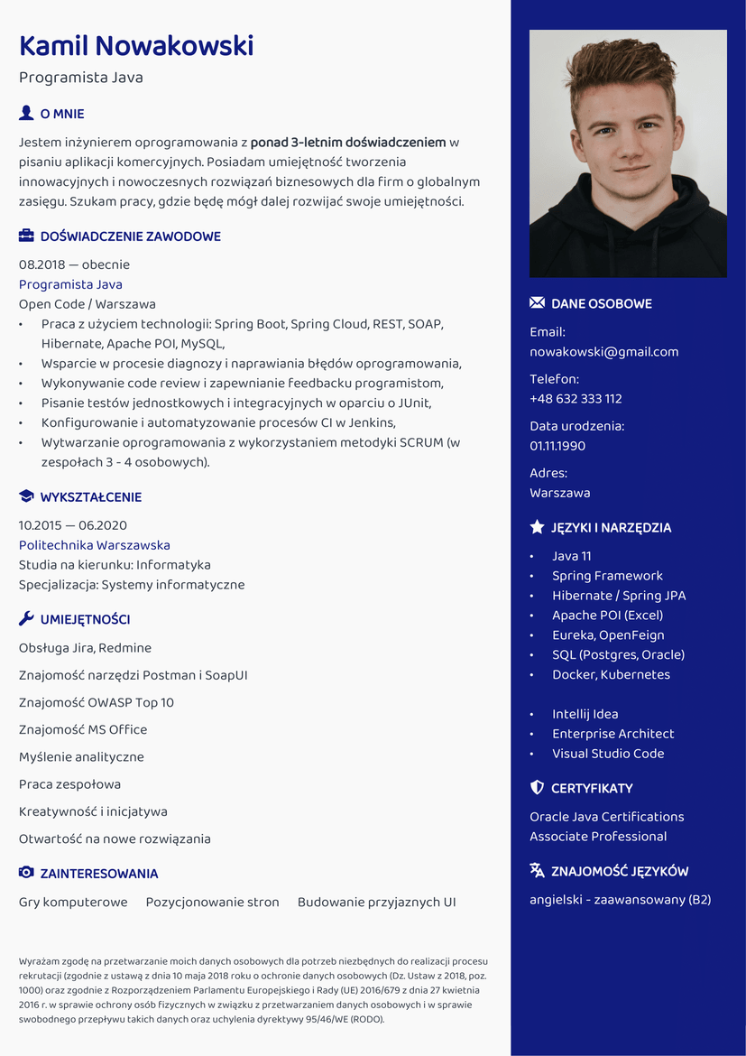 Gotowy szablon CV programisty backend do pracy. Profesjonalny wzór CV Java Developera.