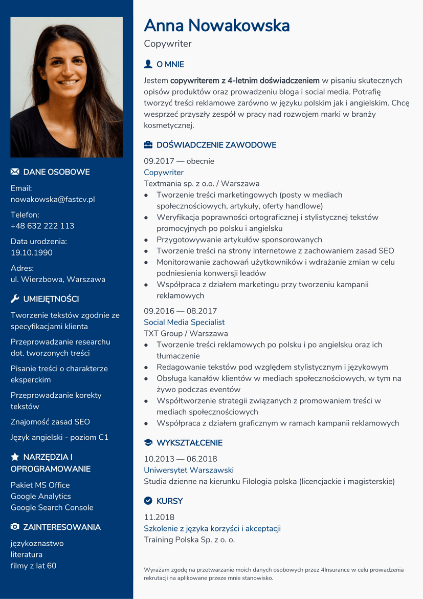 Gotowy wzór CV na stanowisko copywritera. Szablon CV do pracy jako specjalista ds. marketingu internetowego.