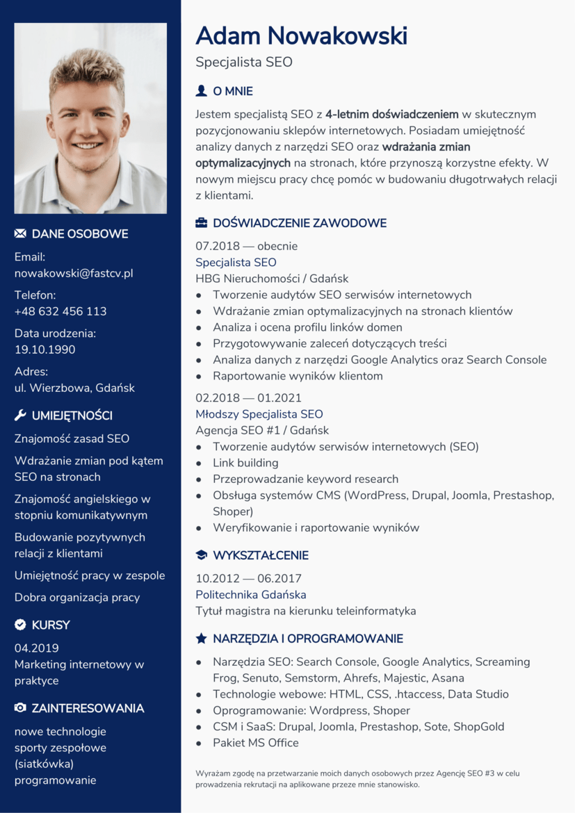 Wzór CV specjalisty SEO - profesjonalny przykład CV do pracy w agencji SEO.